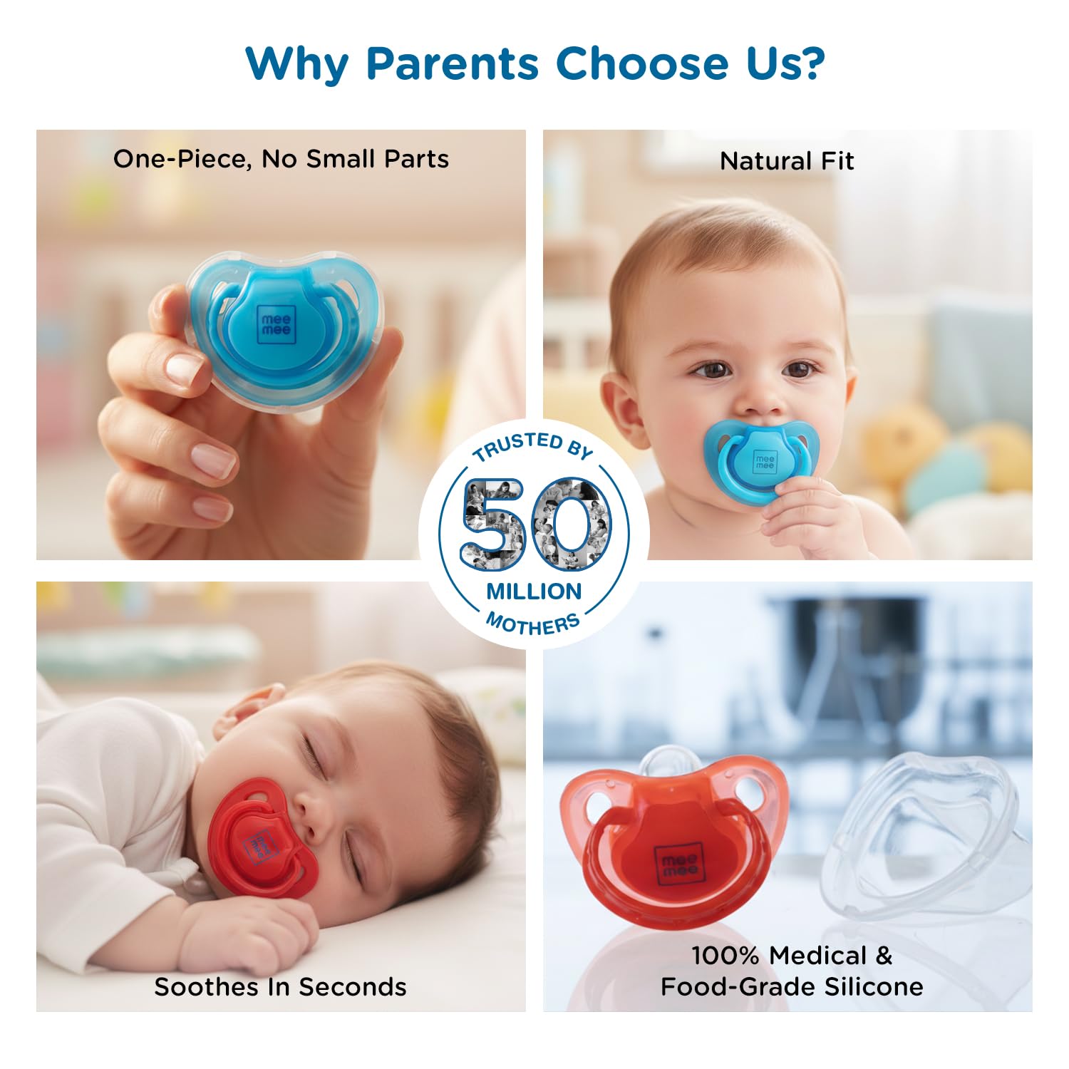 Mee Mee Baby Pacifier Ultra Light Soft Silicone Nipple| BPA Free | Oral stimulatory | Teether | Pack of 2 | 0-6 months + Kids (Blue/Red)
