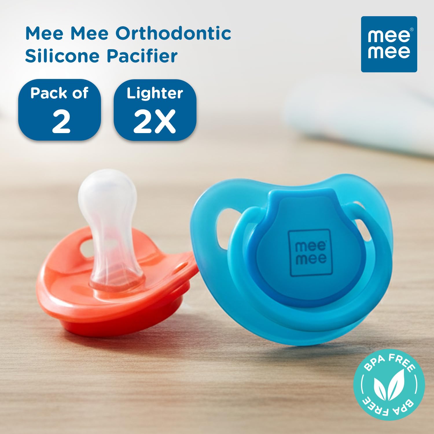 Mee Mee Baby Pacifier Ultra Light Soft Silicone Nipple| BPA Free | Oral stimulatory | Teether | Pack of 2 | 0-6 months + Kids (Blue/Red)