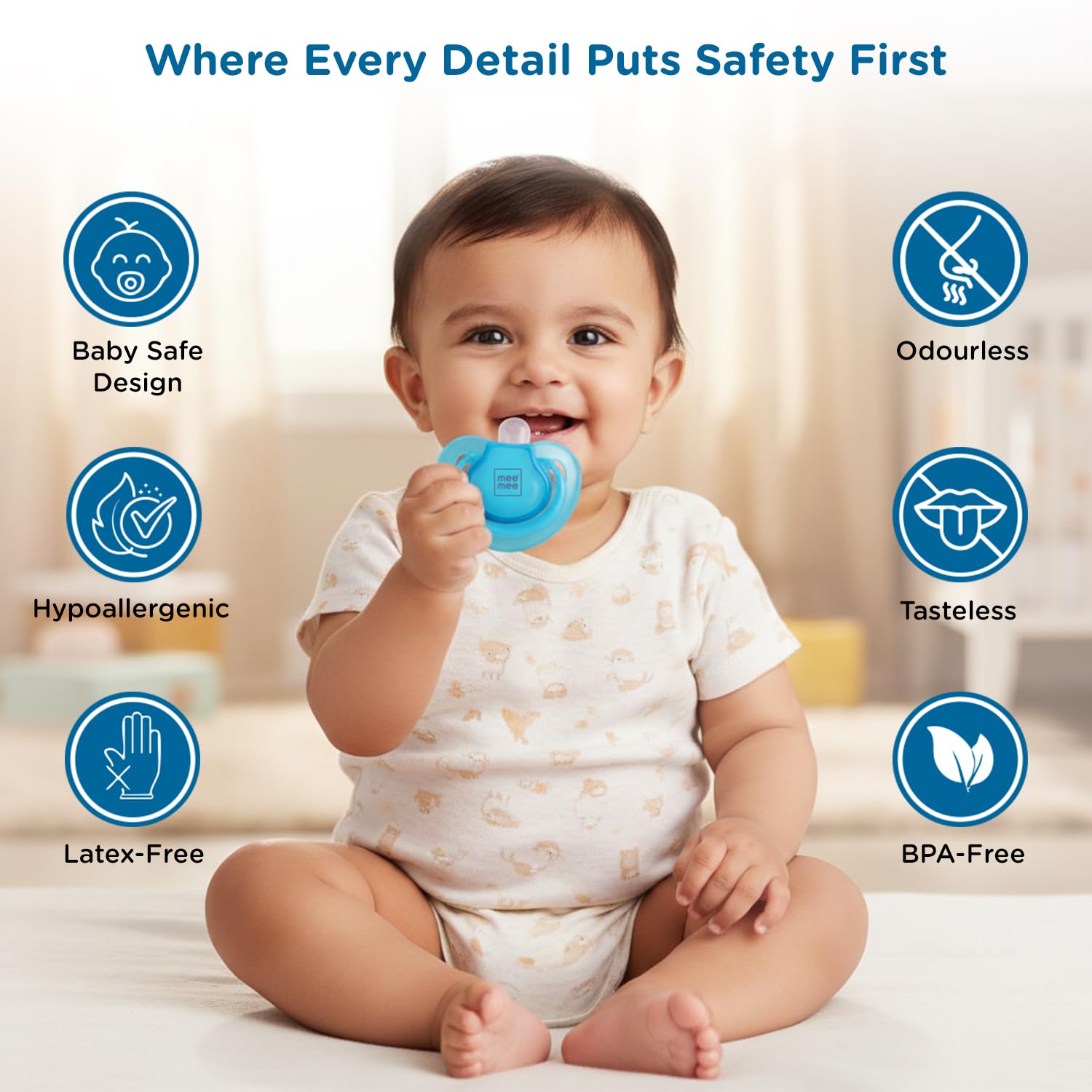 Mee Mee Baby Pacifier Ultra Light Soft Silicone Nipple| BPA Free | Oral stimulatory | Teether | Pack of 2 | 0-6 months + Kids (Blue/Red)