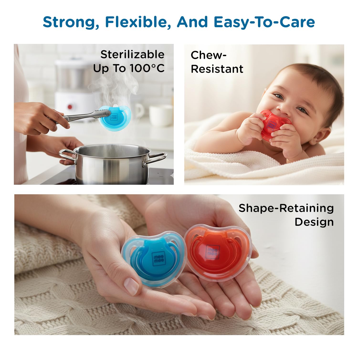 Mee Mee Baby Pacifier Ultra Light Soft Silicone Nipple| BPA Free | Oral stimulatory | Teether | Pack of 2 | 0-6 months + Kids (Blue/Red)