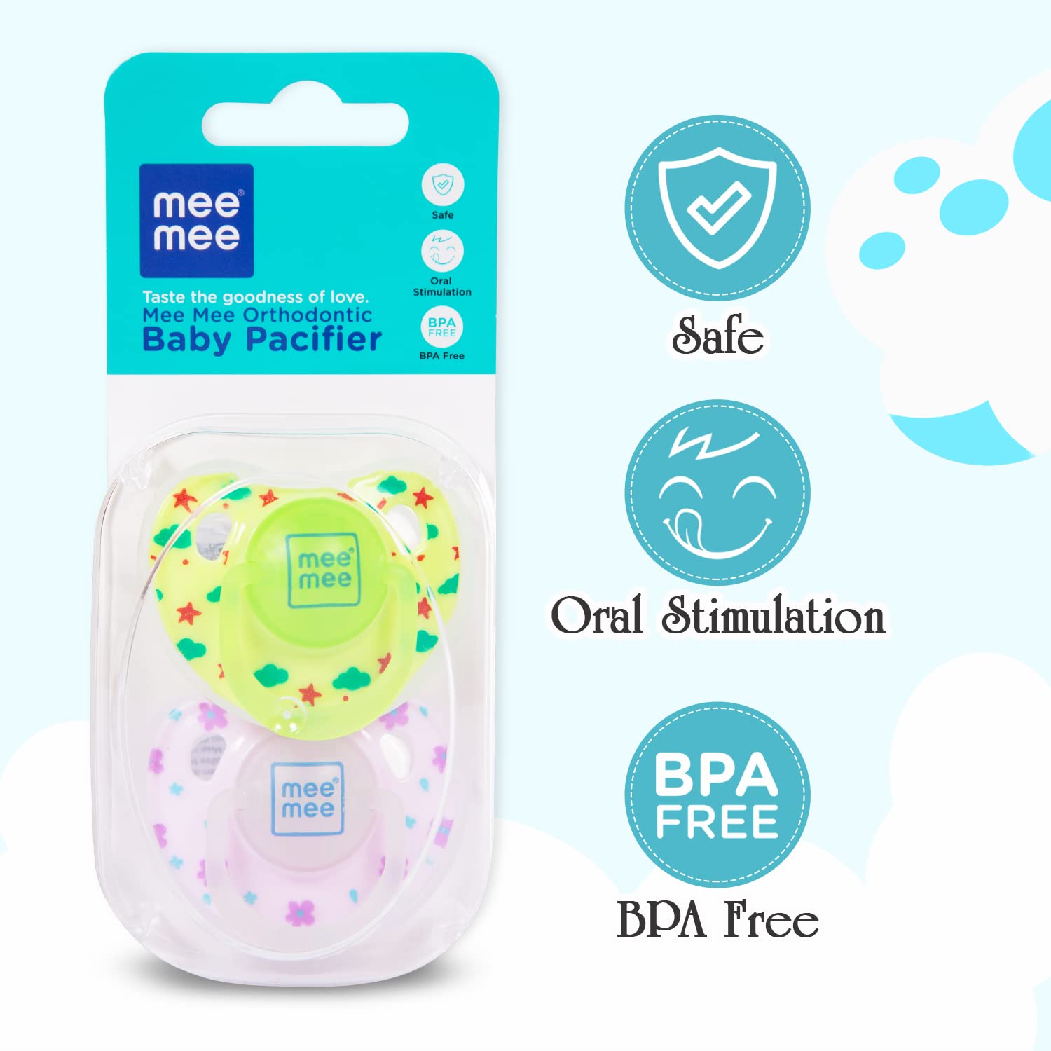 Mee Mee Baby Pacifier Pack of 2 | Ultra Light & Soft Silicone Orthodontic Design Nipple for Oral Stimulation | BPA-Free | Easy to Clean | Suitable for Infants | (Green & Pink)