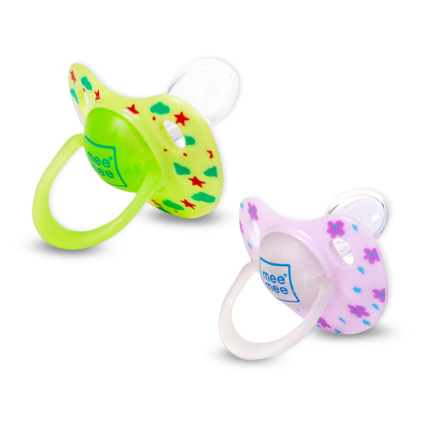 Mee Mee Baby Pacifier Pack of 2 | Ultra Light & Soft Silicone Orthodontic Design Nipple for Oral Stimulation | BPA-Free | Easy to Clean | Suitable for Infants | (Green & Pink)
