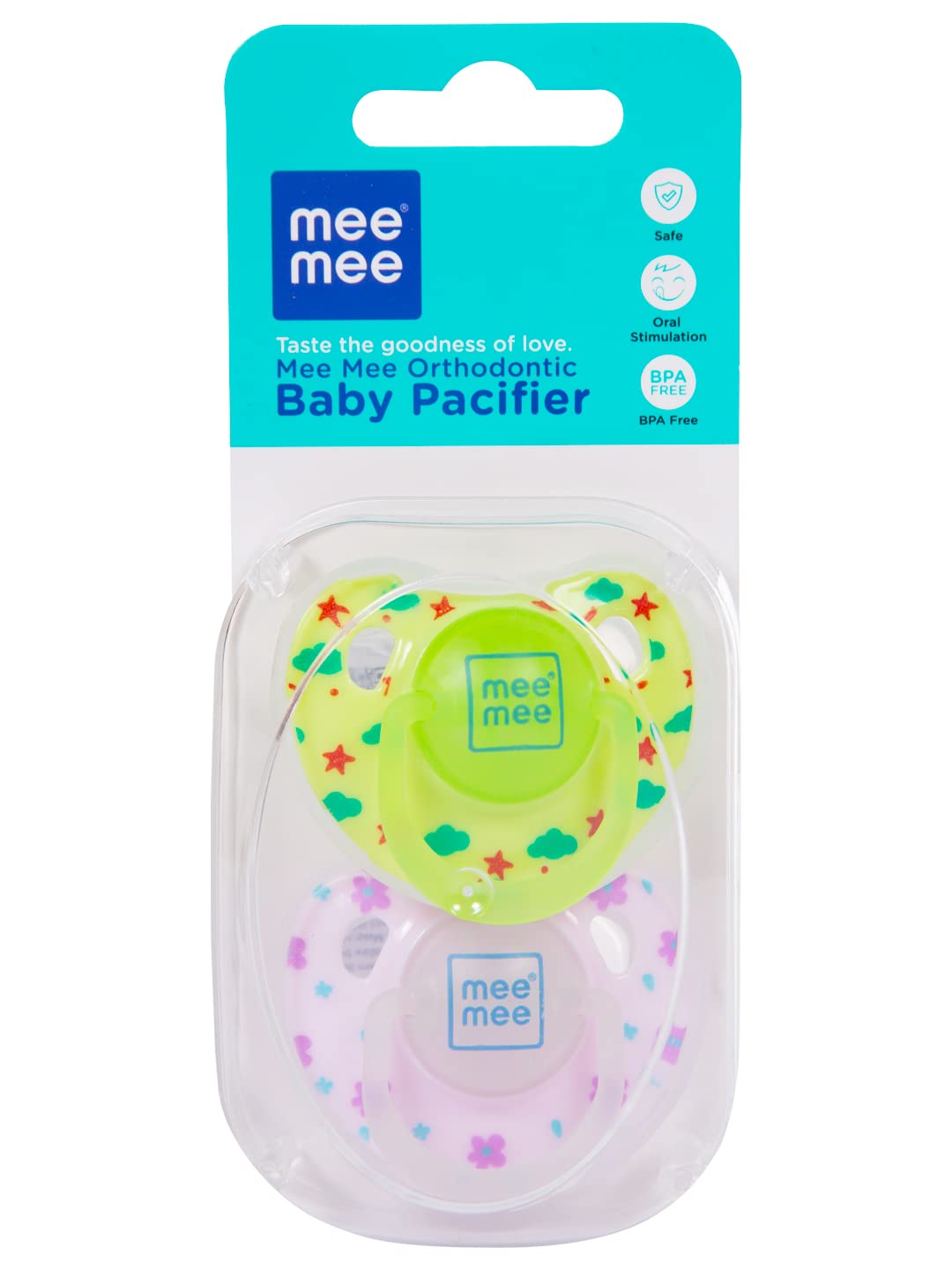 Mee Mee Baby Pacifier Pack of 2 | Ultra Light & Soft Silicone Orthodontic Design Nipple for Oral Stimulation | BPA-Free | Easy to Clean | Suitable for Infants | (Green & Pink)