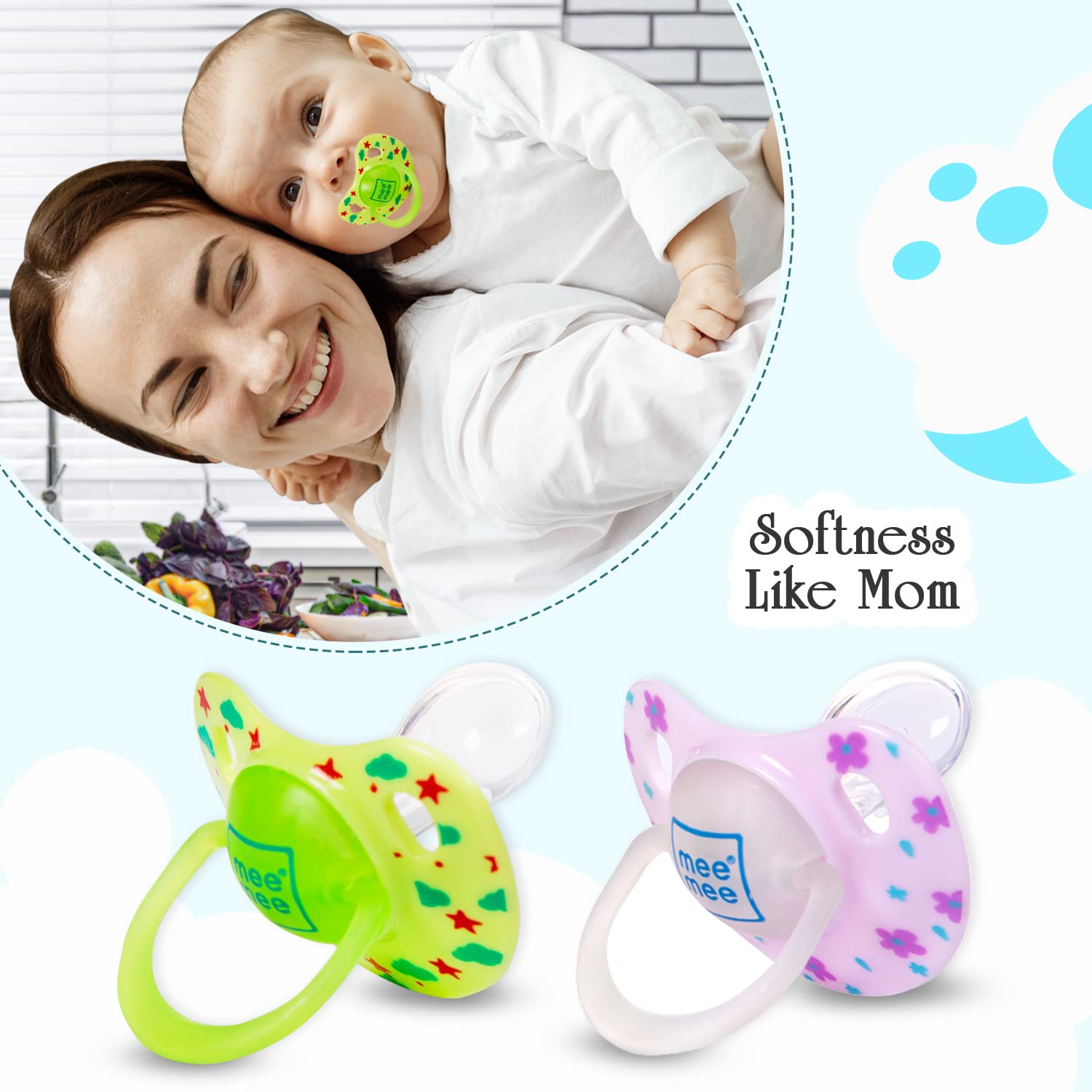 Mee Mee Baby Pacifier Pack of 2 | Ultra Light & Soft Silicone Orthodontic Design Nipple for Oral Stimulation | BPA-Free | Easy to Clean | Suitable for Infants | (Green & Pink)