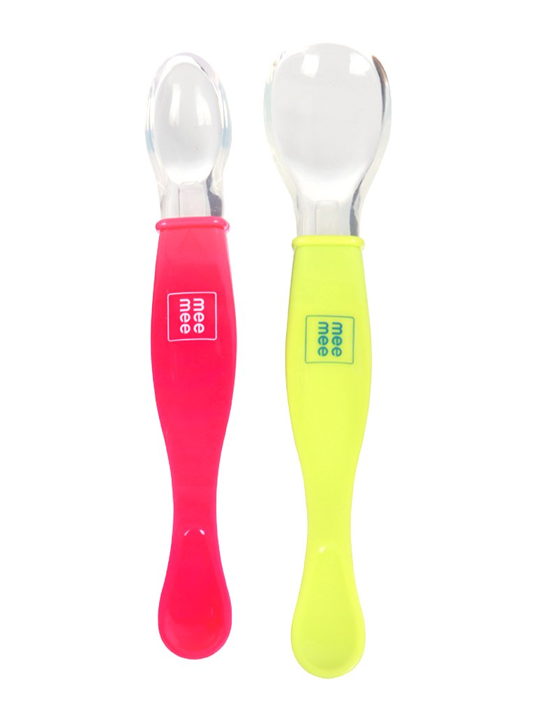 Mee Mee Bendable Baby Self Feeding Spoon Set of 2 with Rounded Tip, BFA Free Material with Food Grab Silicon Tip (Dual Ended, 2 pcs)