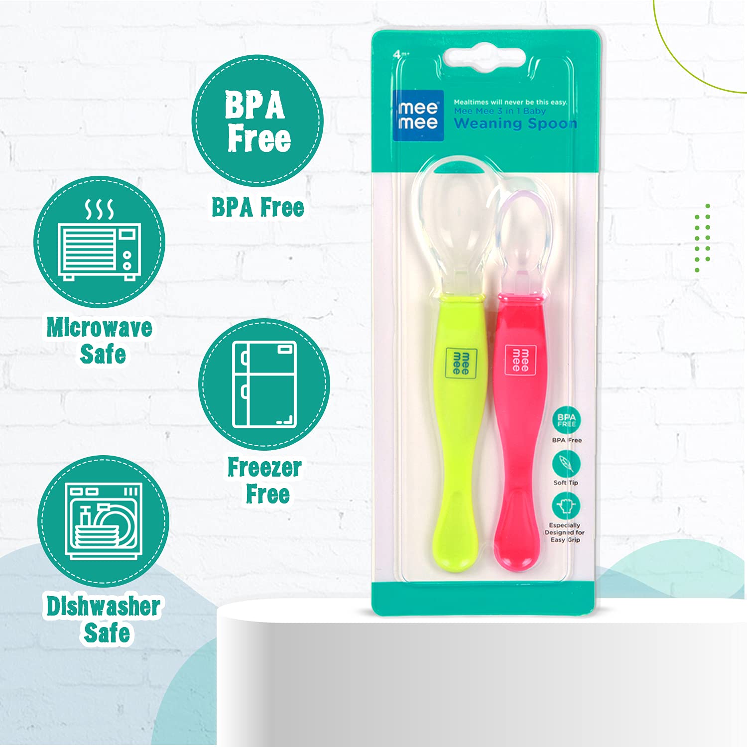 Mee Mee Bendable Baby Self Feeding Spoon Set of 2 with Rounded Tip, BFA Free Material with Food Grab Silicon Tip (Dual Ended, 2 pcs)