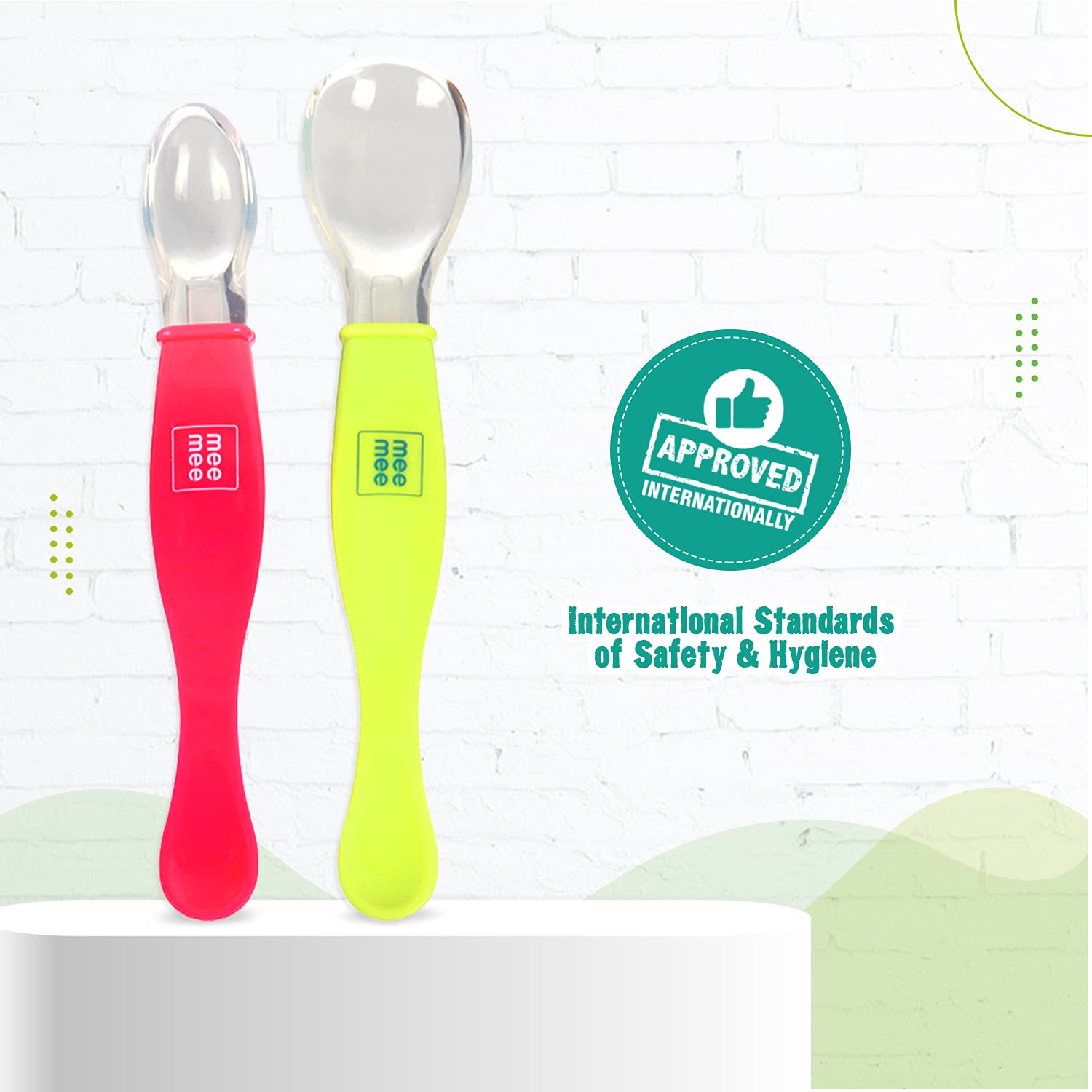 Mee Mee Bendable Baby Self Feeding Spoon Set of 2 with Rounded Tip, BFA Free Material with Food Grab Silicon Tip (Dual Ended, 2 pcs)