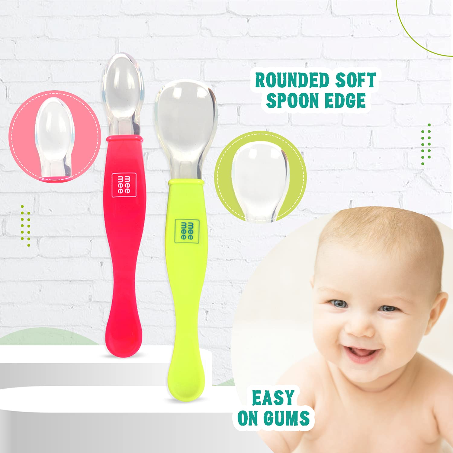 Mee Mee Bendable Baby Self Feeding Spoon Set of 2 with Rounded Tip, BFA Free Material with Food Grab Silicon Tip (Dual Ended, 2 pcs)