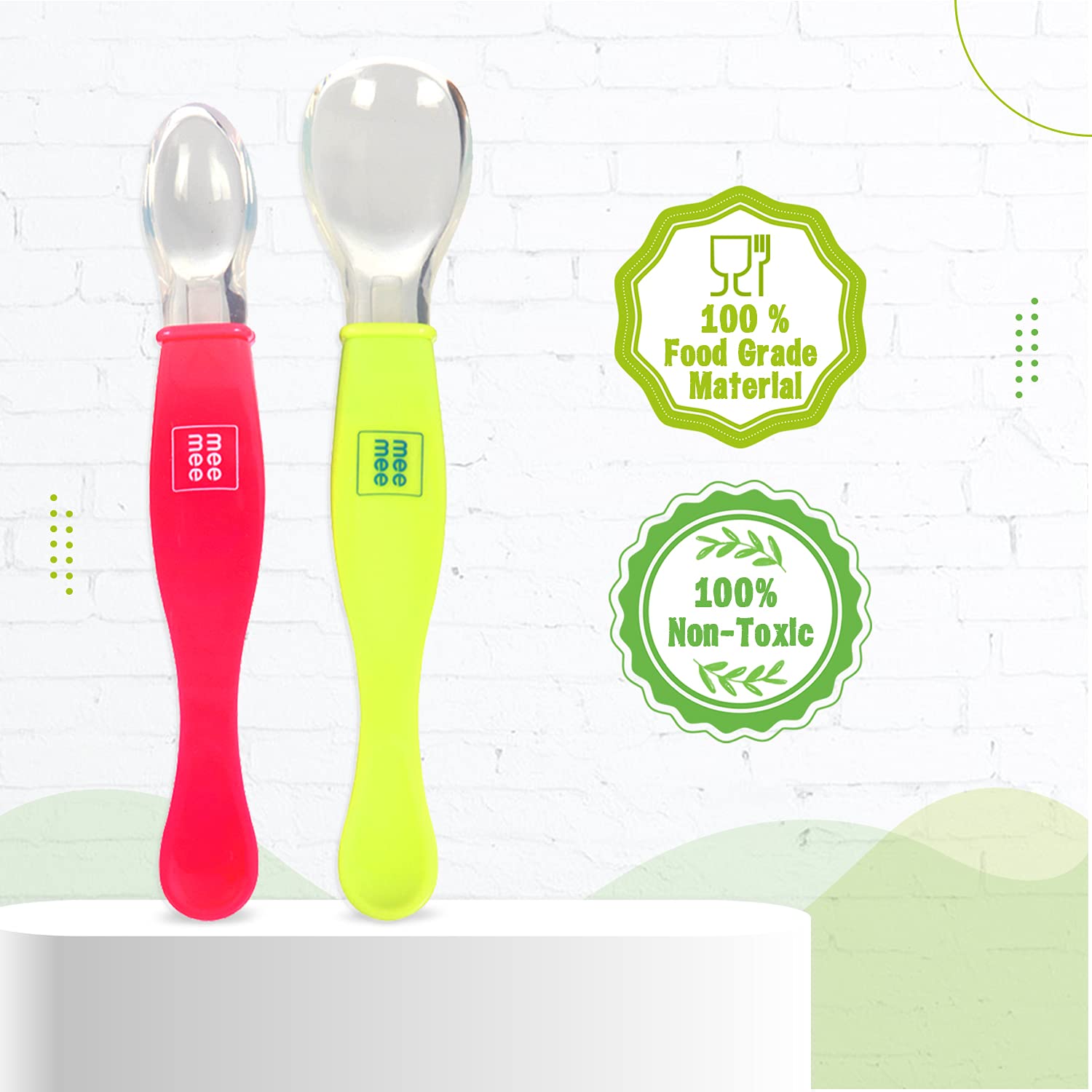 Mee Mee Bendable Baby Self Feeding Spoon Set of 2 with Rounded Tip, BFA Free Material with Food Grab Silicon Tip (Dual Ended, 2 pcs)
