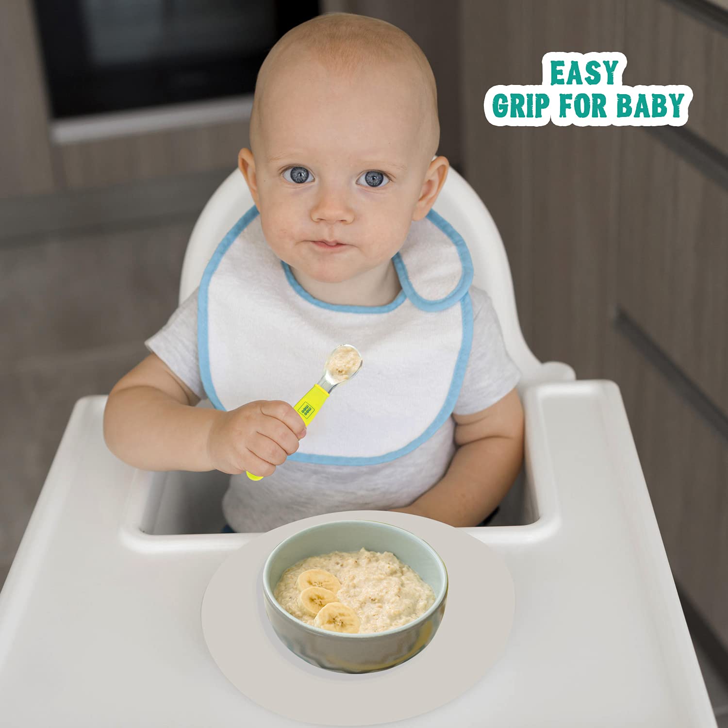 Mee Mee Bendable Baby Self Feeding Spoon Set of 2 with Rounded Tip, BFA Free Material with Food Grab Silicon Tip (Dual Ended, 2 pcs)