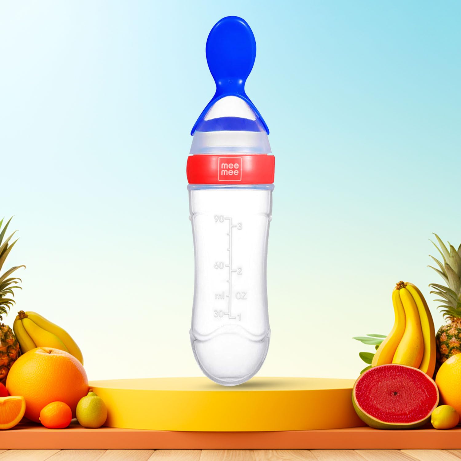 Mee Mee Squeezy Silicone Spoon Food Feeder for Babies of 6 to12 Months with in-Built Stand | BPA Free Material with Food Grade Silicone Tip (Red)