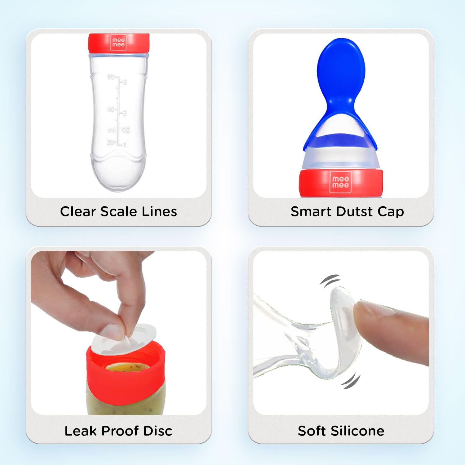 Mee Mee Squeezy Silicone Spoon Food Feeder for Babies of 6 to12 Months with in-Built Stand | BPA Free Material with Food Grade Silicone Tip (Red)