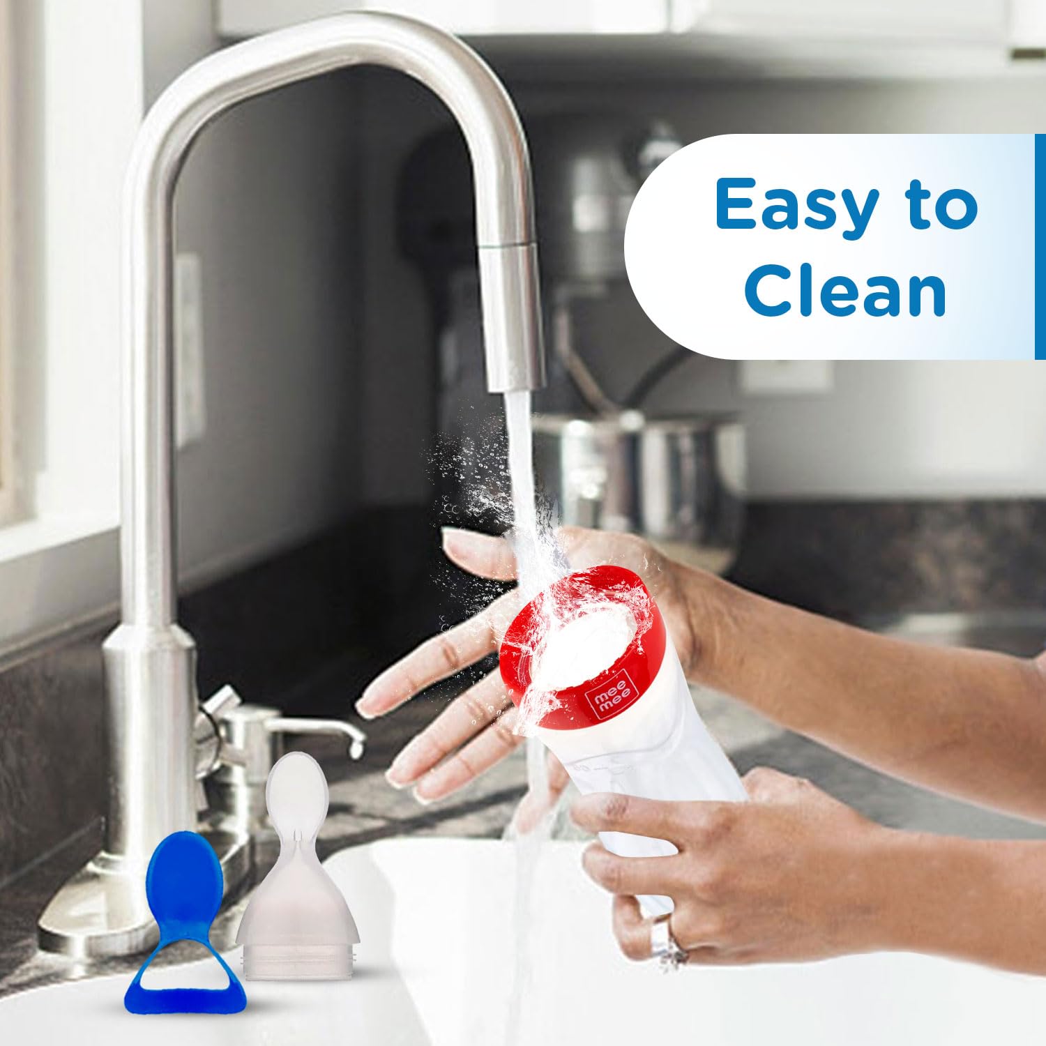 Mee Mee Squeezy Silicone Spoon Food Feeder for Babies of 6 to12 Months with in-Built Stand | BPA Free Material with Food Grade Silicone Tip (Red)