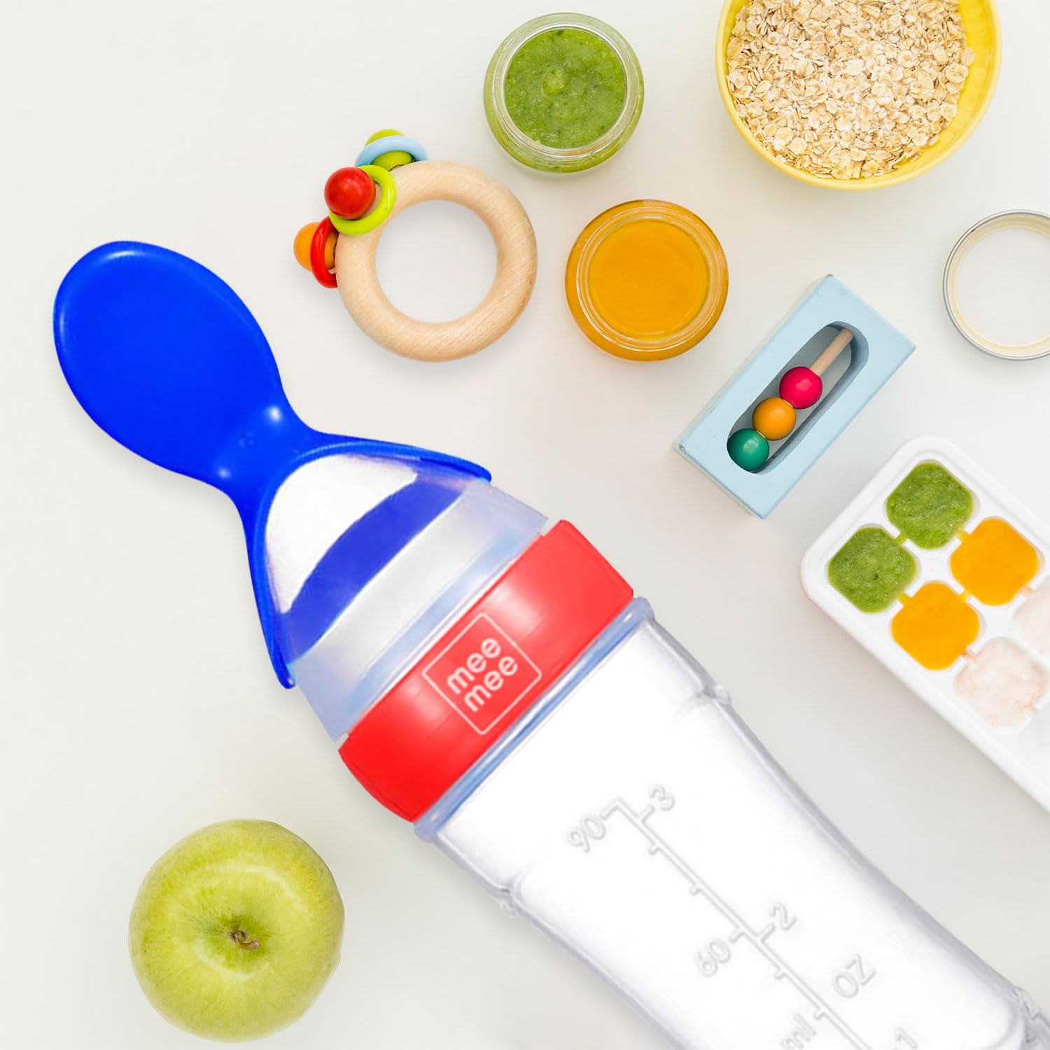 Mee Mee Squeezy Silicone Spoon Food Feeder for Babies of 6 to12 Months with in-Built Stand | BPA Free Material with Food Grade Silicone Tip (Red)