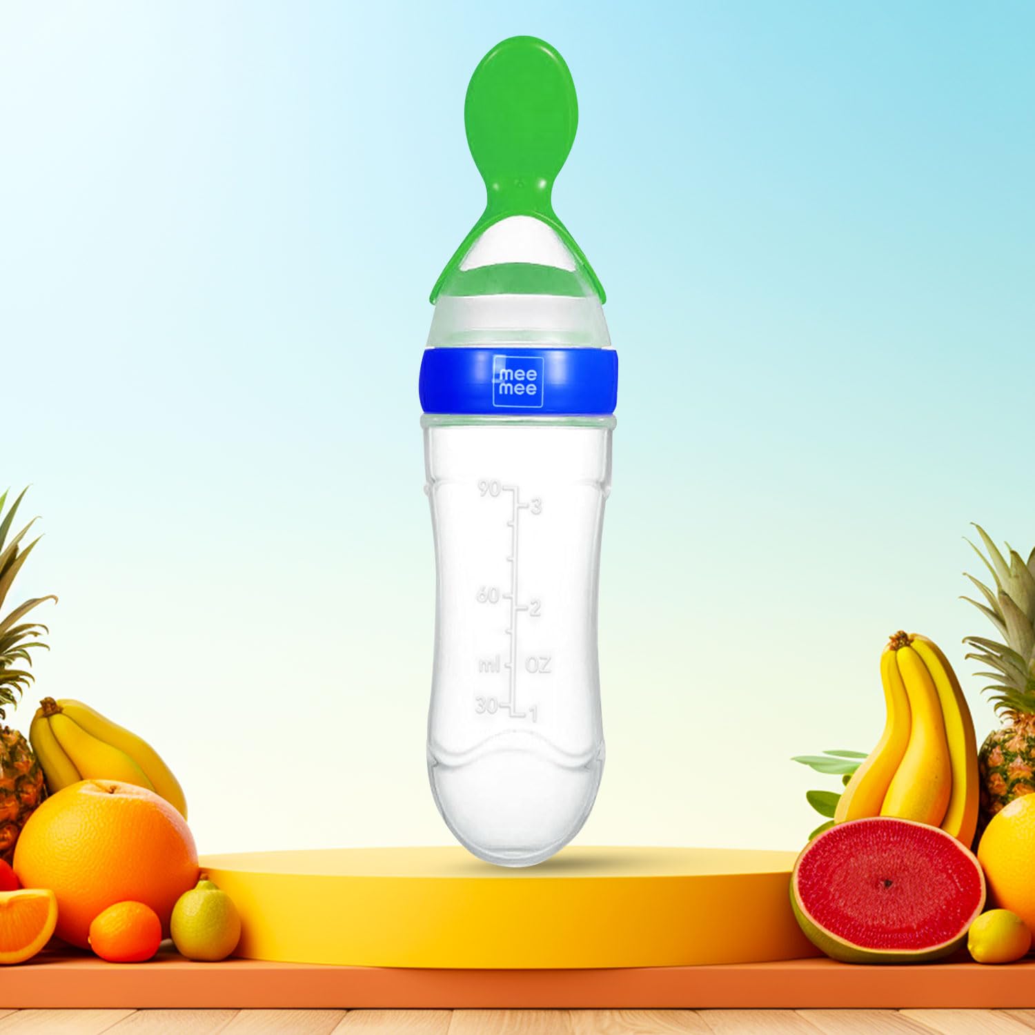 Mee Mee Squeezy Silicone Spoon Food Feeder for Babies of 6 to12 Months with in-Built Stand | BPA Free Material with Food Grade Silicone Tip (Blue)