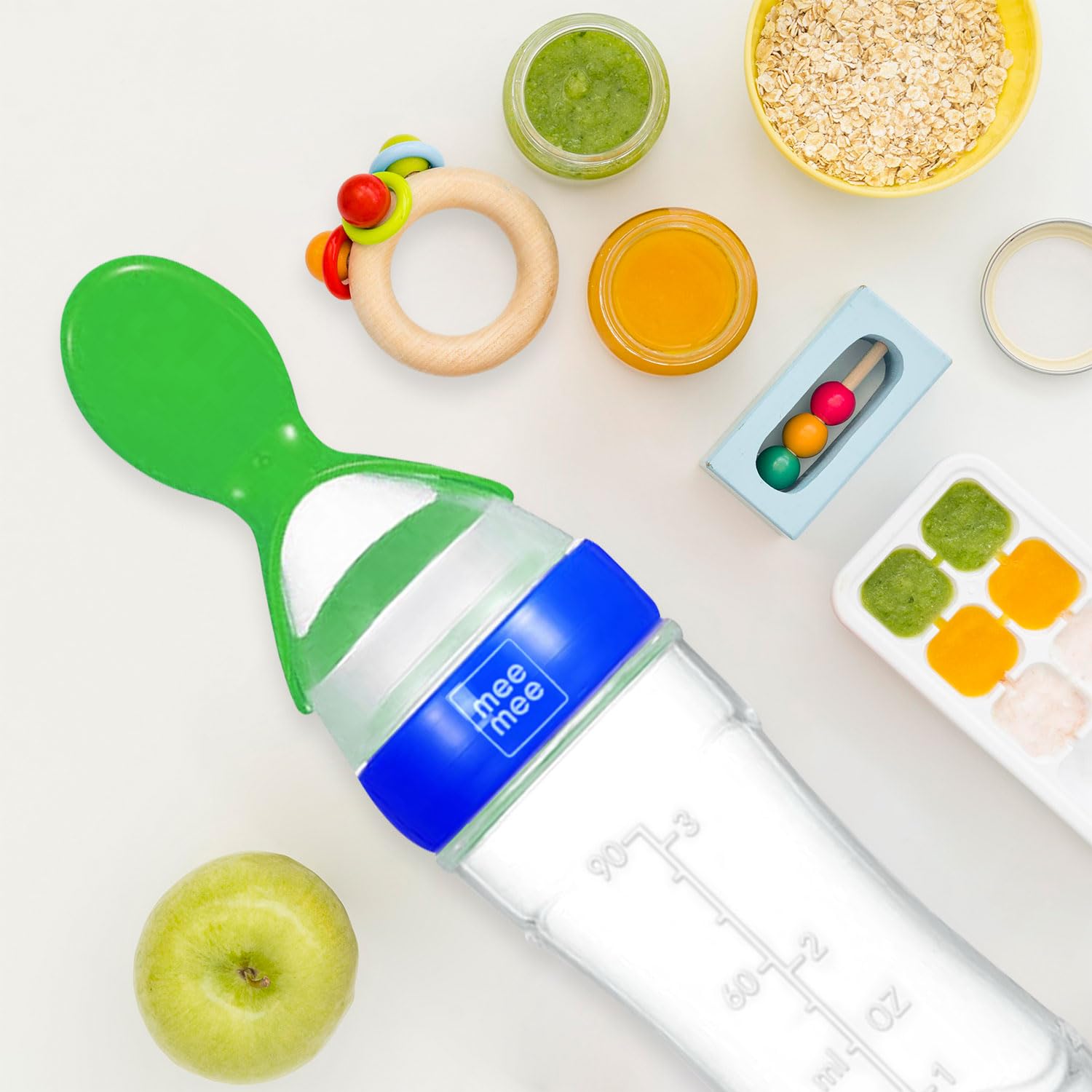 Mee Mee Squeezy Silicone Spoon Food Feeder for Babies of 6 to12 Months with in-Built Stand | BPA Free Material with Food Grade Silicone Tip (Blue)