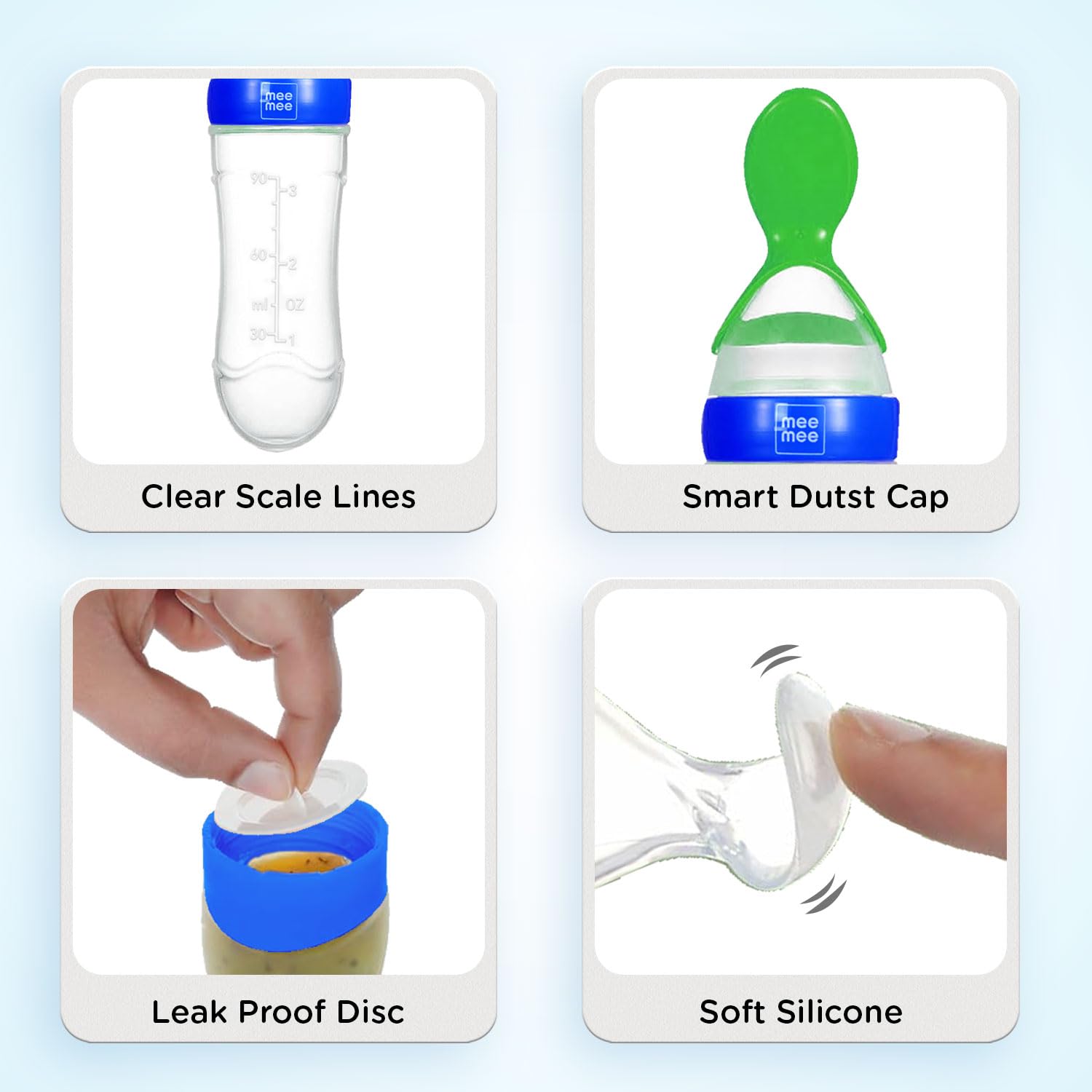 Mee Mee Squeezy Silicone Spoon Food Feeder for Babies of 6 to12 Months with in-Built Stand | BPA Free Material with Food Grade Silicone Tip (Blue)