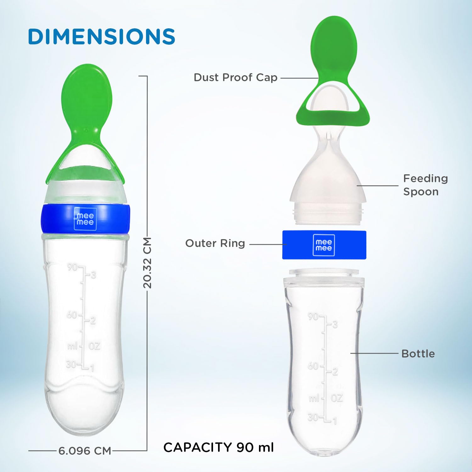 Mee Mee Squeezy Silicone Spoon Food Feeder for Babies of 6 to12 Months with in-Built Stand | BPA Free Material with Food Grade Silicone Tip (Blue)