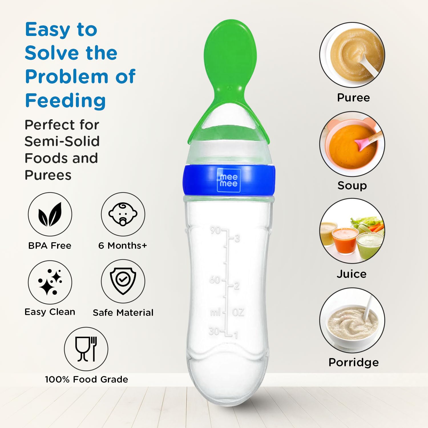 Mee Mee Squeezy Silicone Spoon Food Feeder for Babies of 6 to12 Months with in-Built Stand | BPA Free Material with Food Grade Silicone Tip (Blue)