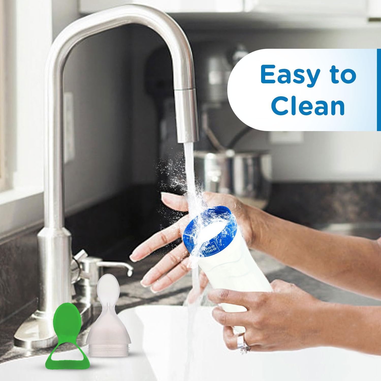 Mee Mee Squeezy Silicone Spoon Food Feeder for Babies of 6 to12 Months with in-Built Stand | BPA Free Material with Food Grade Silicone Tip (Blue)