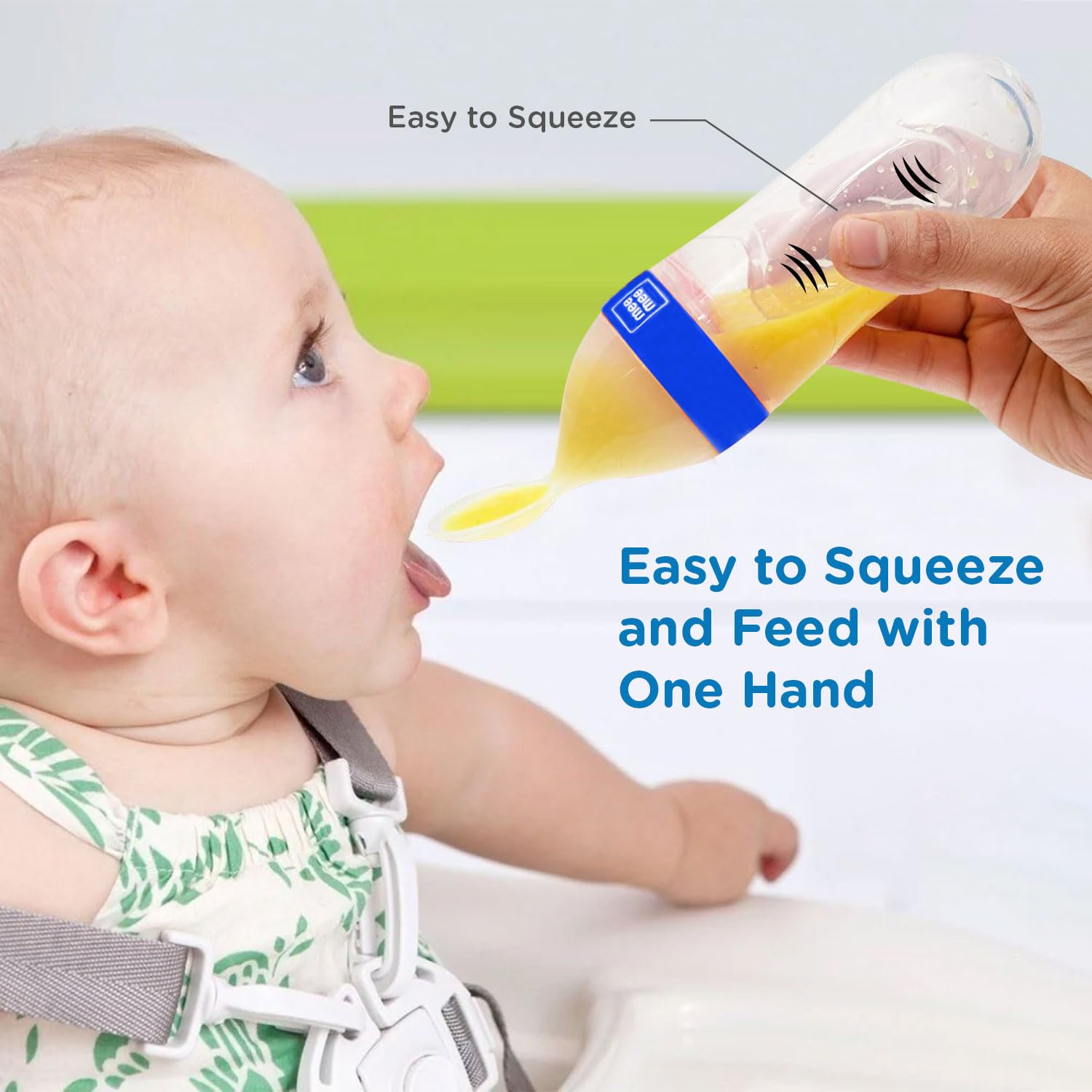 Mee Mee Squeezy Silicone Spoon Food Feeder for Babies of 6 to12 Months with in-Built Stand | BPA Free Material with Food Grade Silicone Tip (Blue)