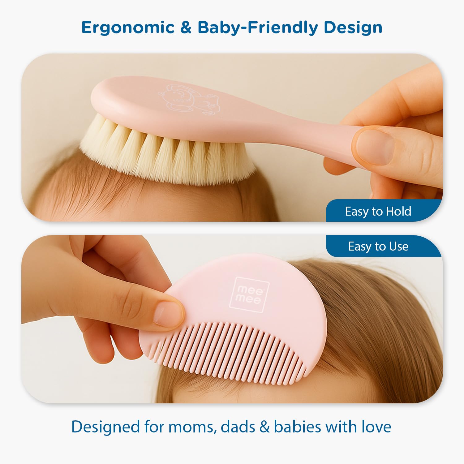 Mee Mee Soft Grip Baby Hair Brush & Comb Set | Soft Bristles for Gentle Scalp Care | Infant & Toddler Grooming Kit | Elegant Design – Perfect Baby Shower Gift (Pink)