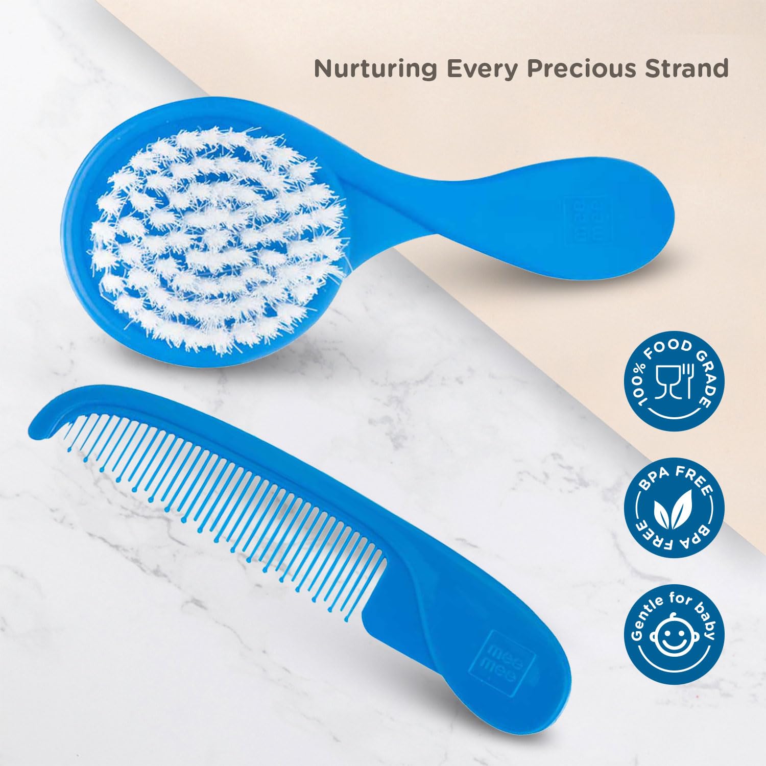 Mee Mee Baby Care Comb and Brush Set for Newborn Babies and Infants for Tender Scalp of Babies (0 Months +, Soft Bristled, Blue)