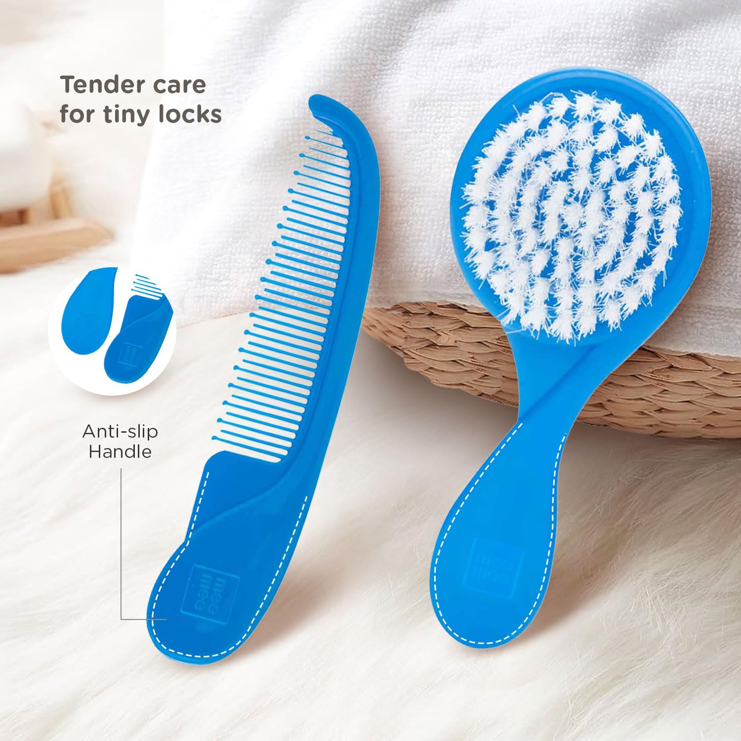 Mee Mee Baby Care Comb and Brush Set for Newborn Babies and Infants for Tender Scalp of Babies (0 Months +, Soft Bristled, Blue)