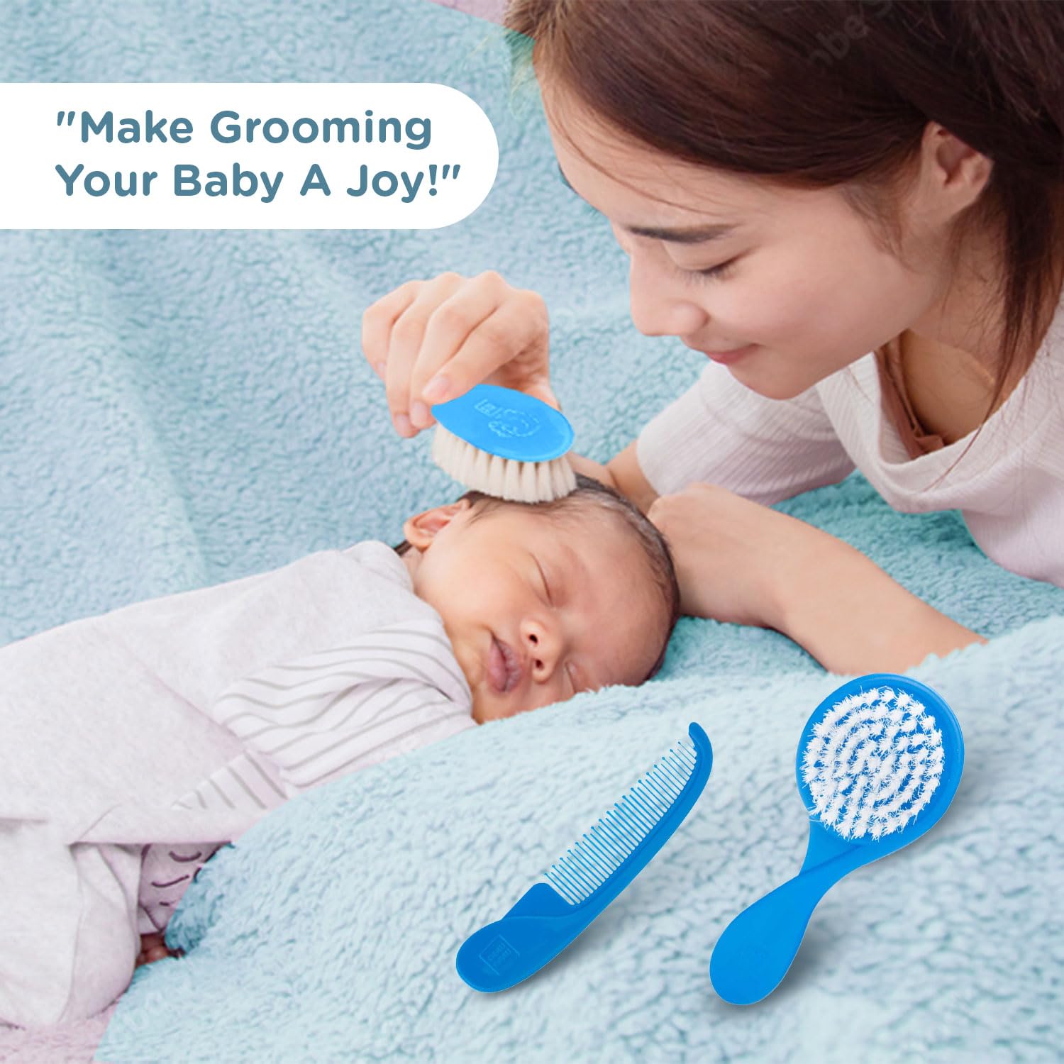 Mee Mee Baby Care Comb and Brush Set for Newborn Babies and Infants for Tender Scalp of Babies (0 Months +, Soft Bristled, Blue)