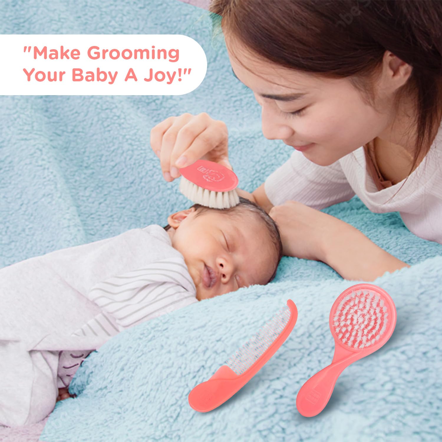 Mee Mee Baby Care Comb and Brush Set for Newborn Babies and Infants for Tender Scalp of Babies (0 Months +, Soft Bristled, Pink)
