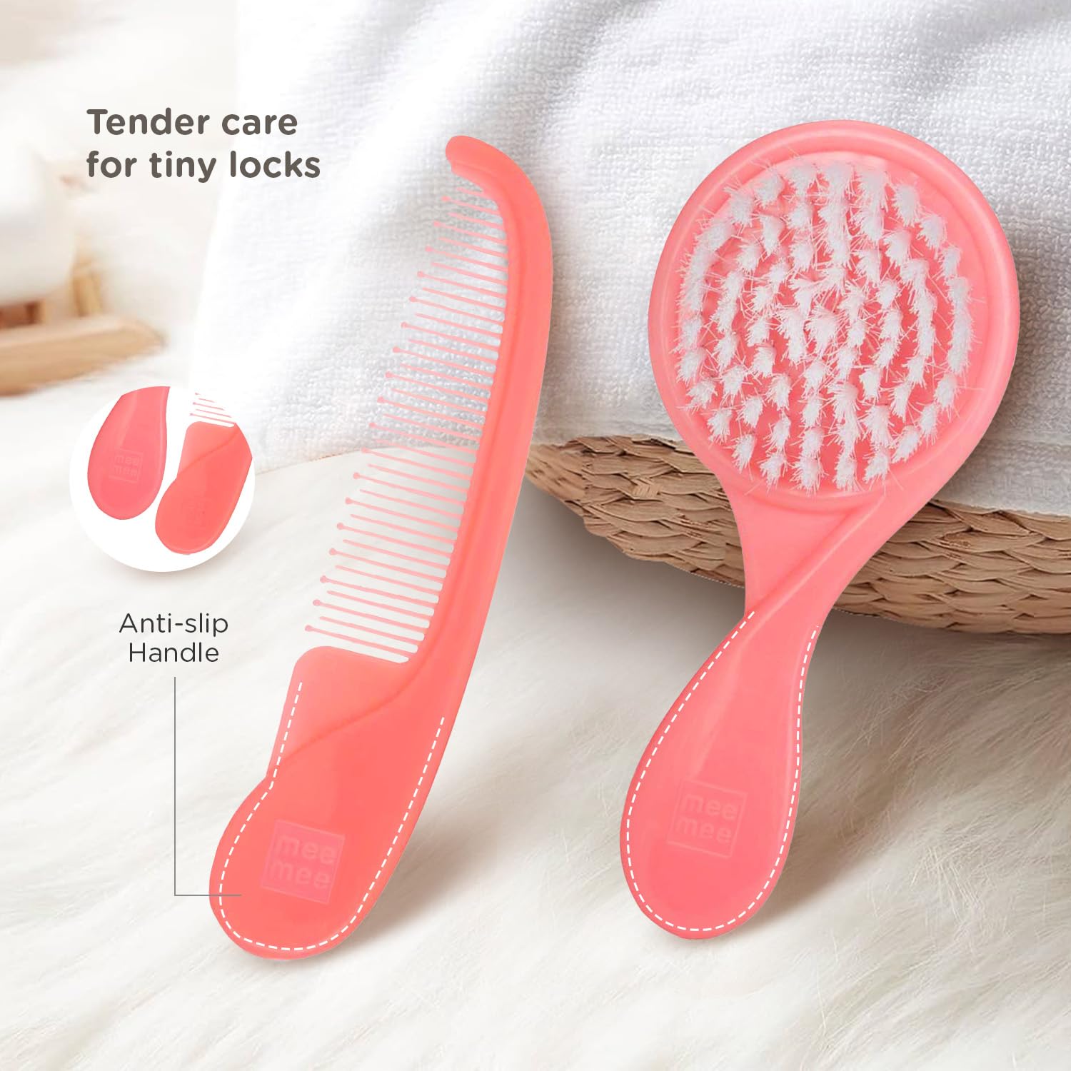 Mee Mee Baby Care Comb and Brush Set for Newborn Babies and Infants for Tender Scalp of Babies (0 Months +, Soft Bristled, Pink)