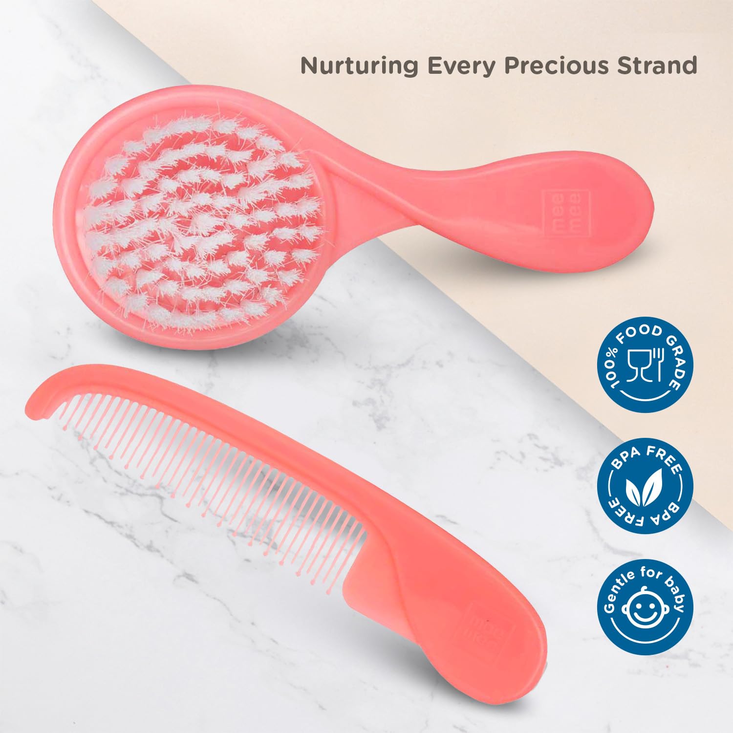 Mee Mee Baby Care Comb and Brush Set for Newborn Babies and Infants for Tender Scalp of Babies (0 Months +, Soft Bristled, Pink)