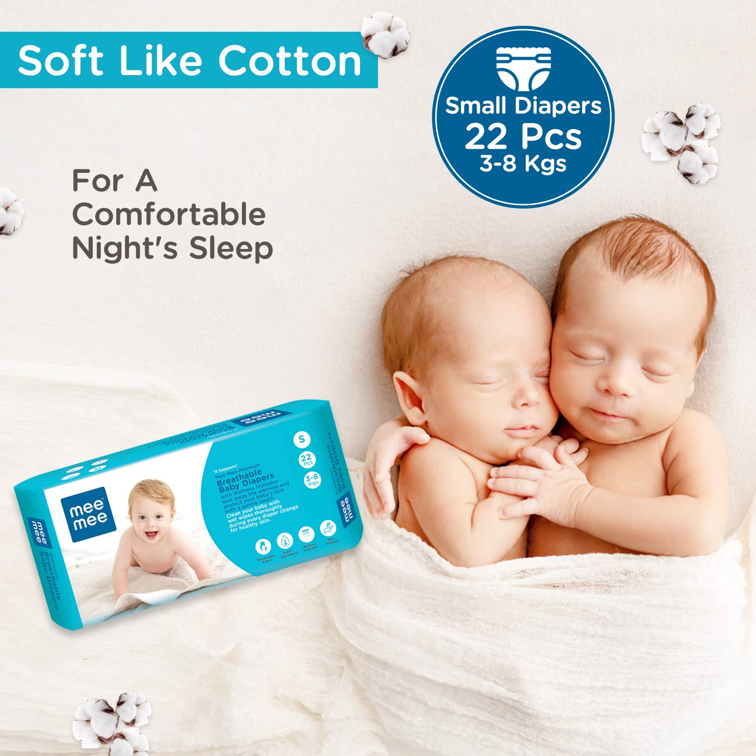 Mee Mee Premium Breathable Baby Diapers with Wetness Indicator (Small- 22 Pieces)