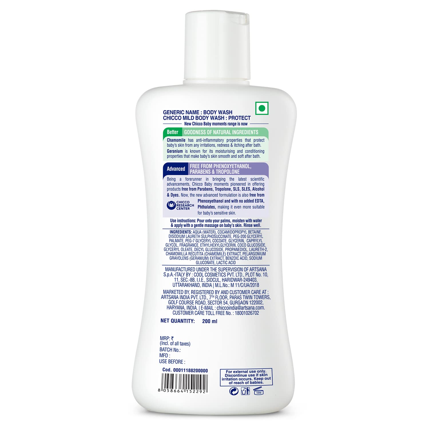 Chicco Baby Moments Mild Body Wash Protect, New Advanced formula with Natural Ingredients, No tears, Suitable for Baby’s Body Wash, No Phenoxyethanol and Parabens