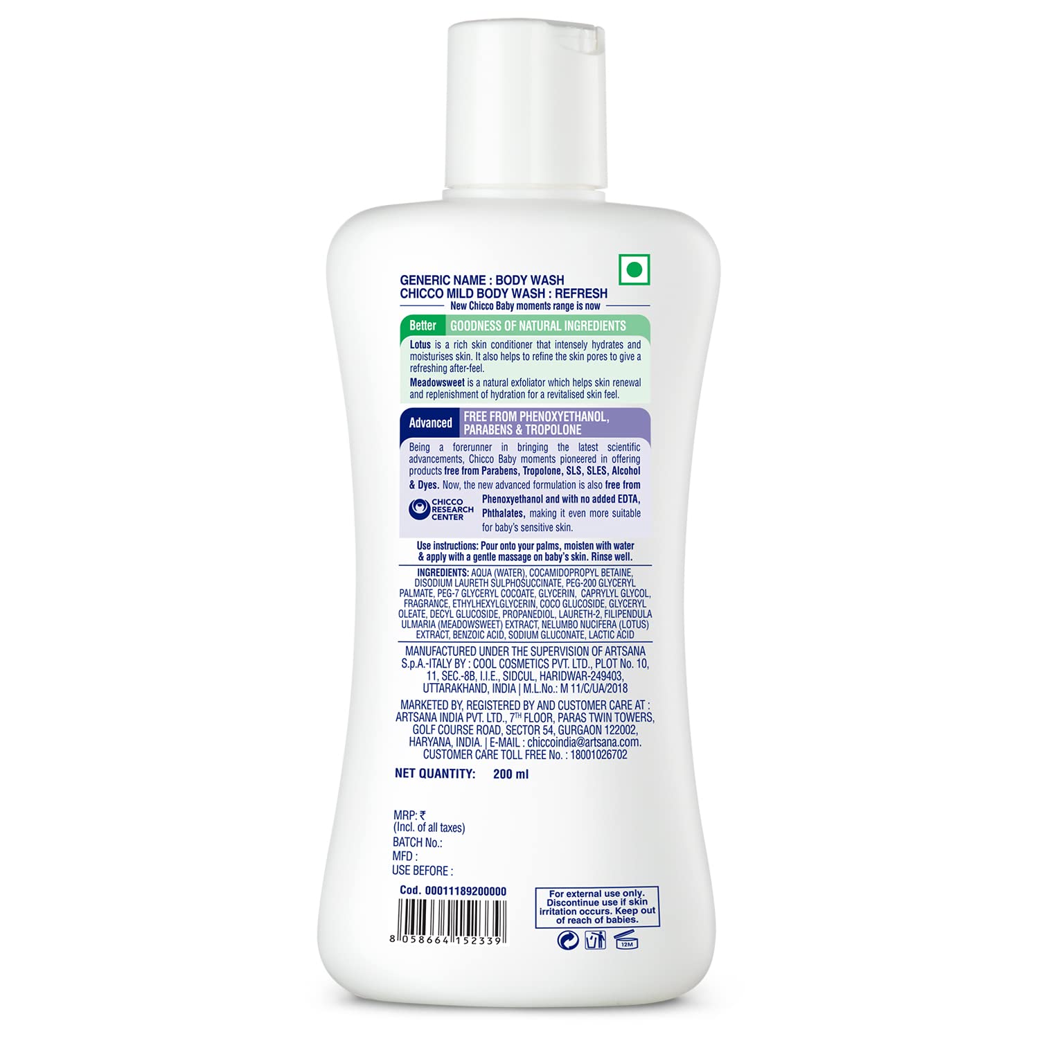 Chicco Baby Moments Mild Body Wash Refresh, New Advanced Formula with Natural Ingredients, No Tears & Soap-Free, Mild formula for Baby’s Body wash, No Phenoxyethanol and Parabens