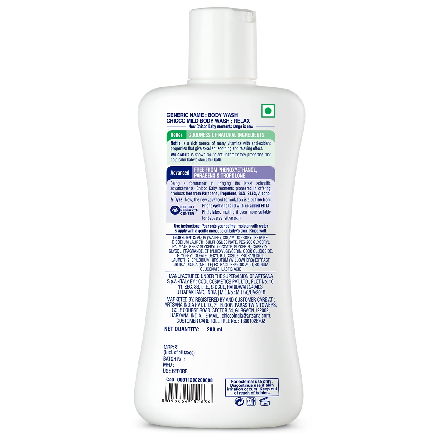 Chicco Baby Moments Mild Body Wash Relax, New Advanced Formula with Natural Ingredients, No Tears & Soap-Free, Mild formula for Baby’s Body & Face Wash, No Phenoxyethanol and Parabens