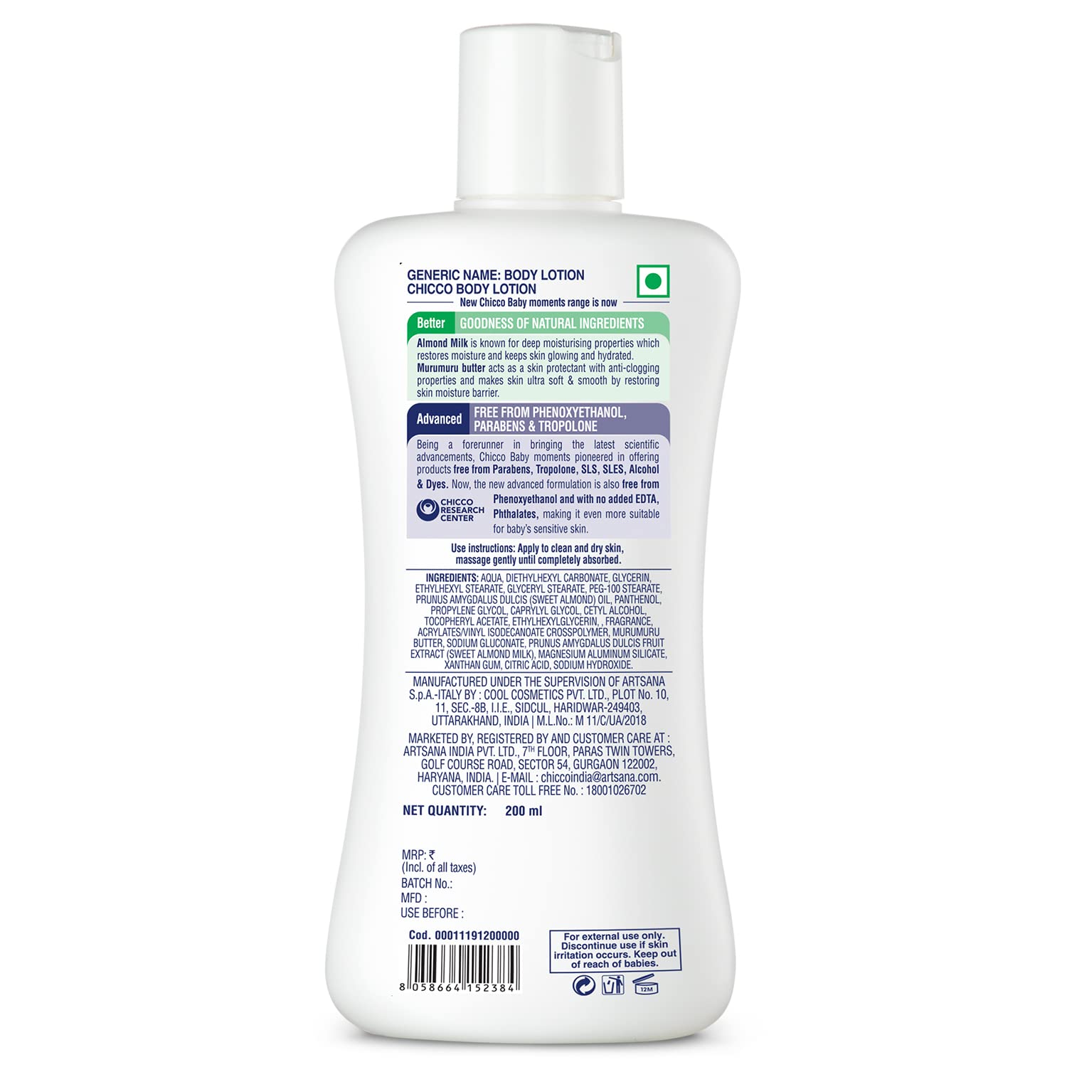 Chicco Baby Moments Body Lotion for Babies | Almond Milk & Murumuru Butter | Quick Absorb Formula with Natural Ingredients for Ultra Soft Skin | Dermatologically Tested | Parabens & Phenoxyethanol Free