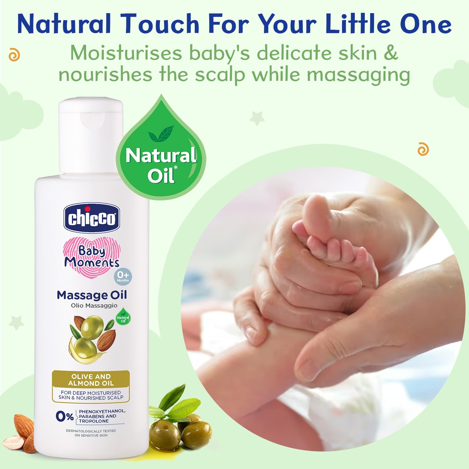 Chicco Baby Moments Massage Oil, New Advanced Non-sticky & Moisturizing Formula, Suitable for Baby’s Skin, Hair & Scalp, No Phenoxyethanol & Parabens