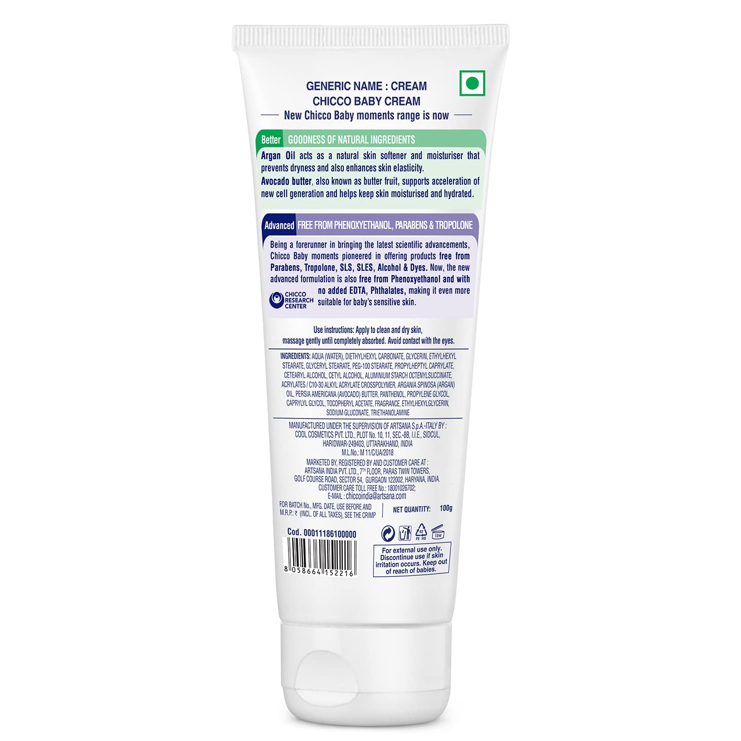 Chicco Baby Moments Baby Cream for Babies with Argan Oil & Avocado Butter, 100g| Natural Ingredients for Hydrated Skin | Dermatologically Tested | Phenoxyethanol, Parabens & Lauryl sulphates free