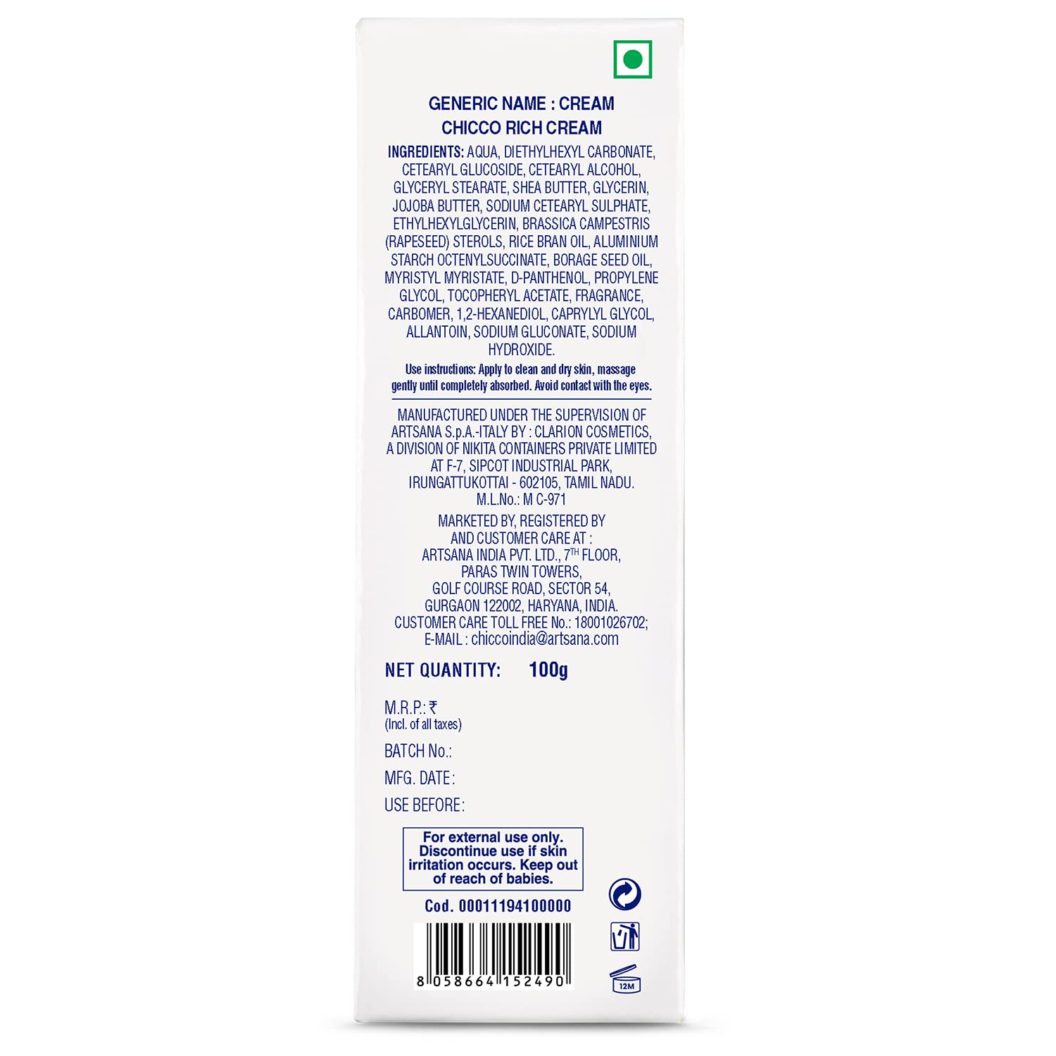 Chicco Baby Moments Rich Cream for Newborn Babies with Shea & Jojoba Butter | Rich Moisturization and Dryness Prevention |Dermatologically Tested |Phenoxyethanol, Parabens & Lauryl sulphates free