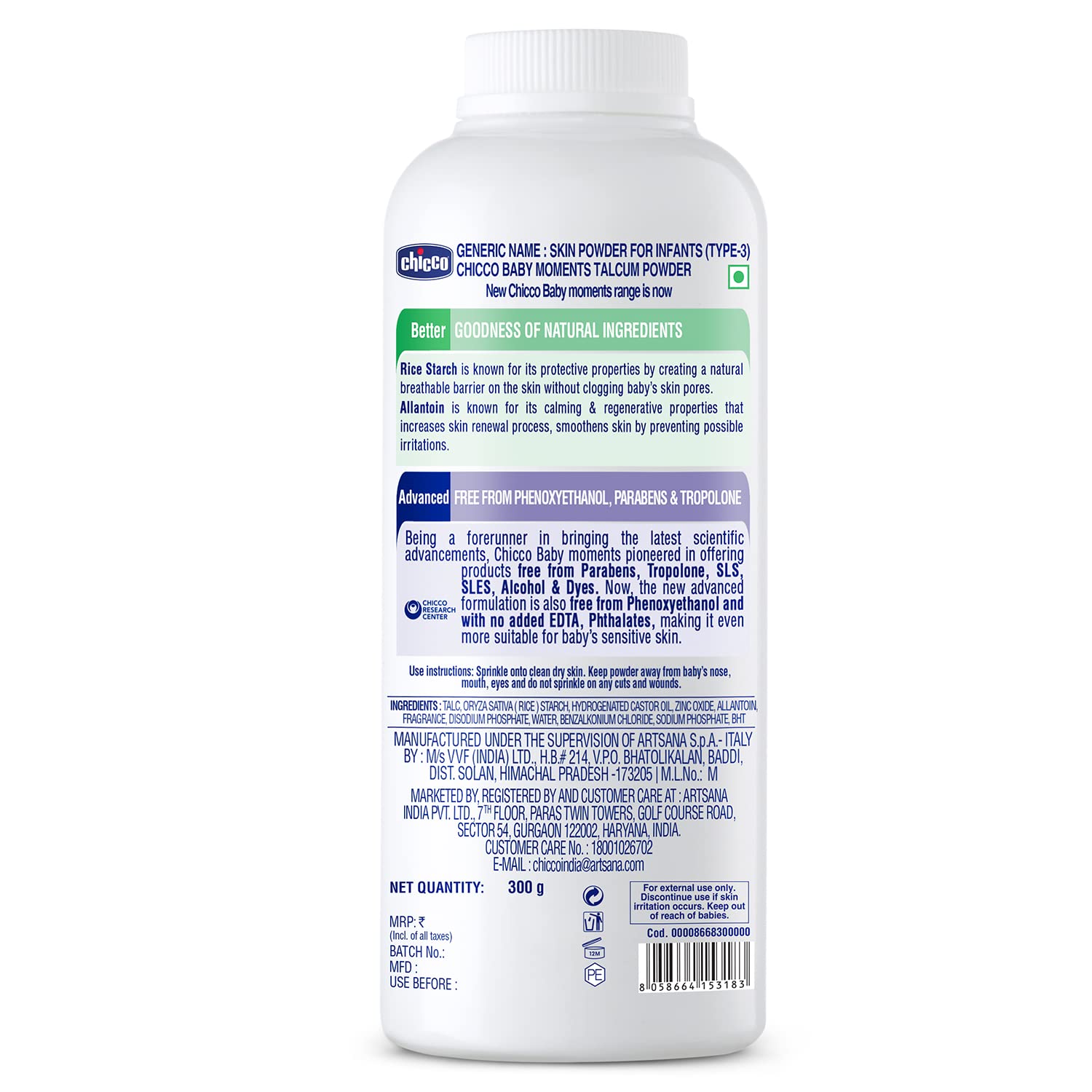 Chicco Baby Moments Talcum Powder with Natural Ingredients, Soothes & Moisturises Baby’s Skin, Dermatologically Tested, Paraben Free, Phenoxyethanol Free 0M+