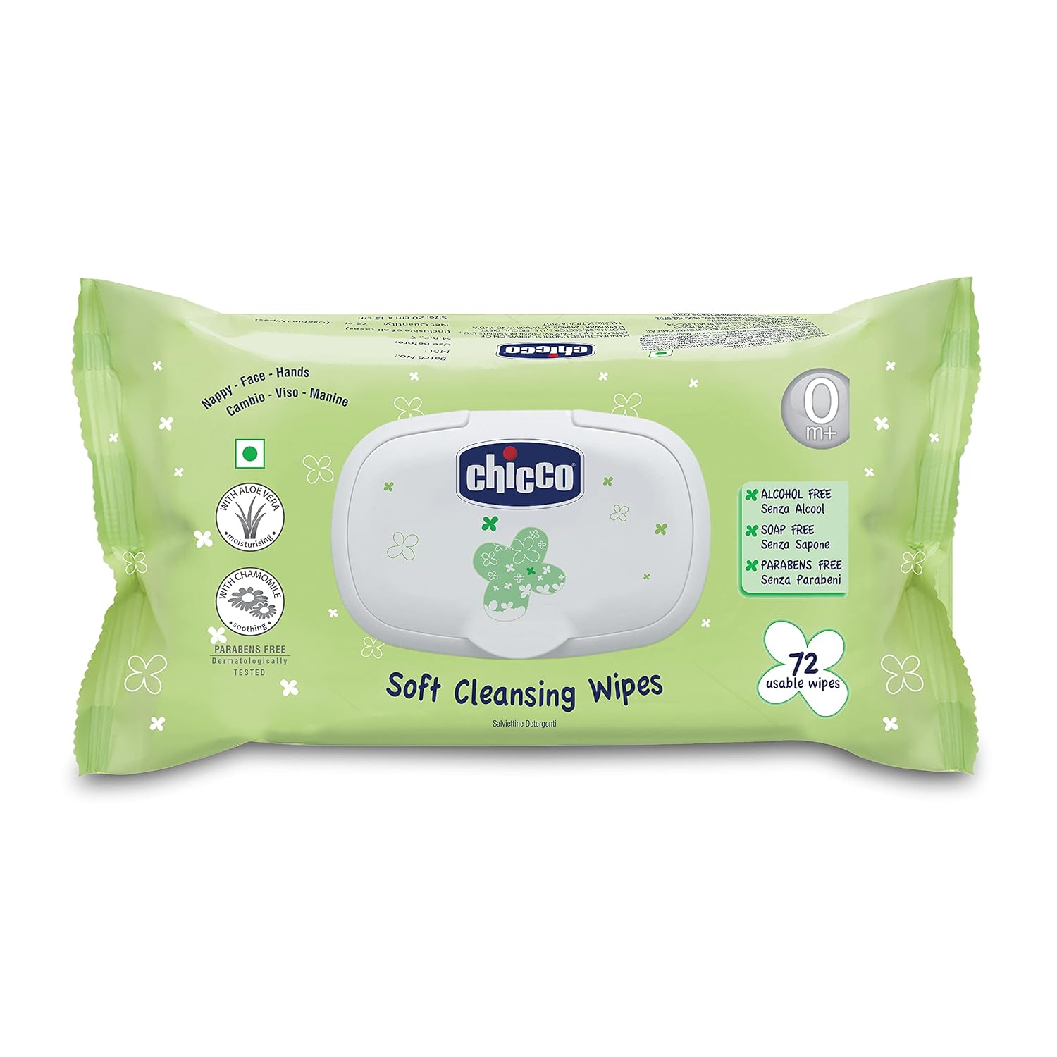 Chicco Baby Moments Soft Cleansing Baby Wipes, Ideal for Nappy, Face and Hand, Dermatologically Tested, Paraben Free, Fliptop Pack (72 Sheets), White