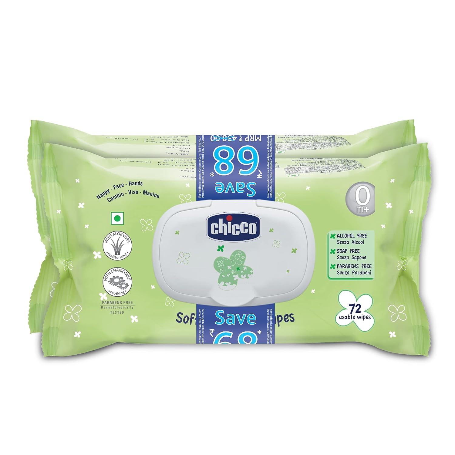 Chicco Baby Moments Soft Cleansing Baby Wipes, Ideal for Nappy, Face and Hand, Dermatologically Tested, Paraben Free, Fliptop Pack (Pack of 2, 72 Sheets per Pack), white