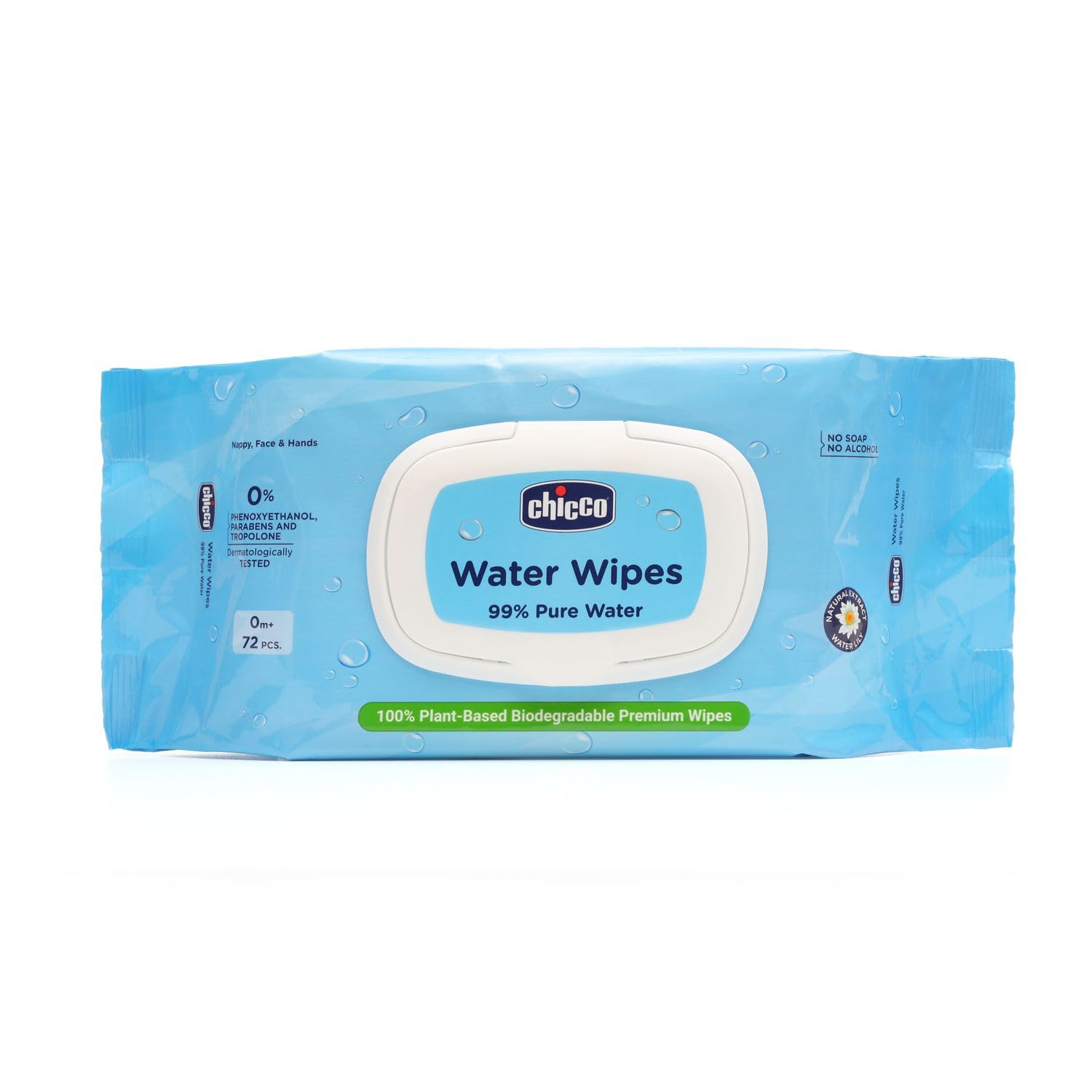 Chicco Water Wipes - 99% Pure Water Wipes 72 Pcs | 100% Plant Based | Free From Phenoxyethanol, Parabens & Alcohol
